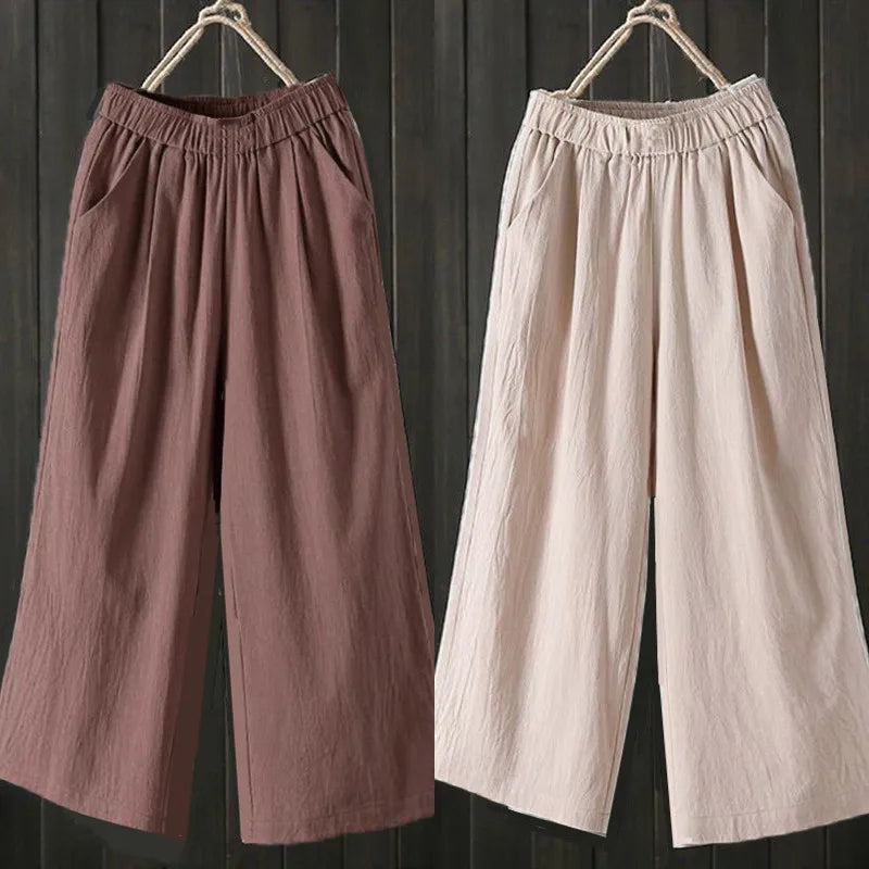 Pure Cotton Wide Leg Pants Women's Summer Loose Mom Large Size Cotton Nine Points Casual Pants High Waist Straight Cut Trousers