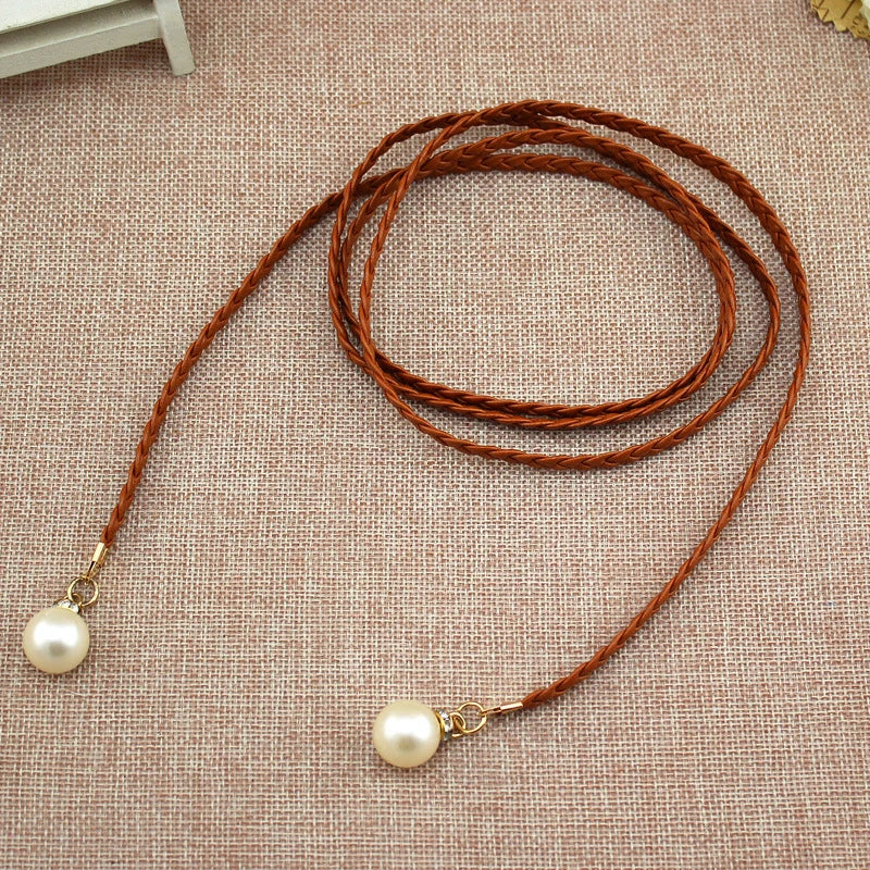 [F] Women Simple PU Leather Belt Boho Tassel Braided Self-Tie Belt Thin Waist Rope Belt