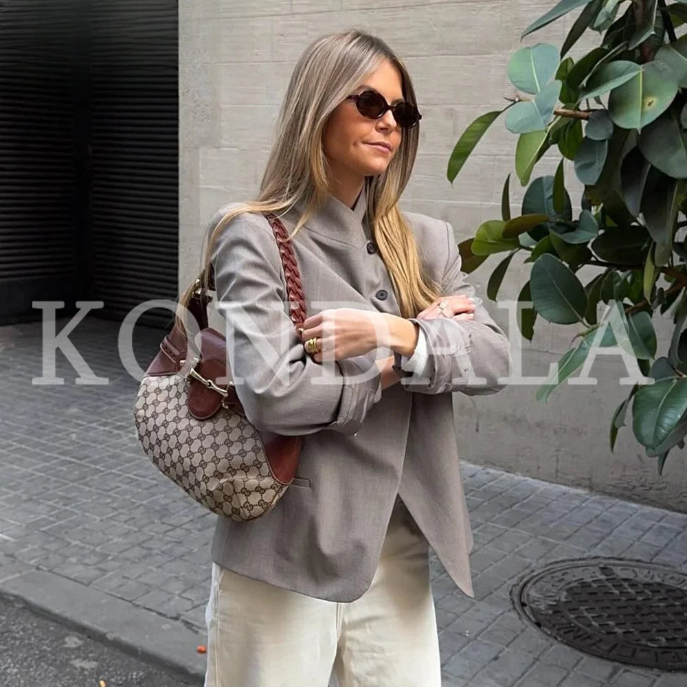 KONDALA 2026 Spring Summer Women Going Out Blazers Fashion Half High Collar Elegant Luxury Casual Ladies Chic Blazers