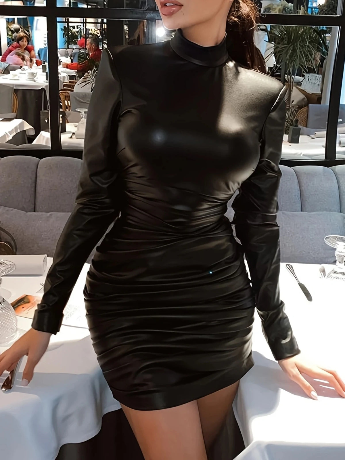 Women's leather dress sexy solid color PU leather high neck long sleeved skirt slit dress