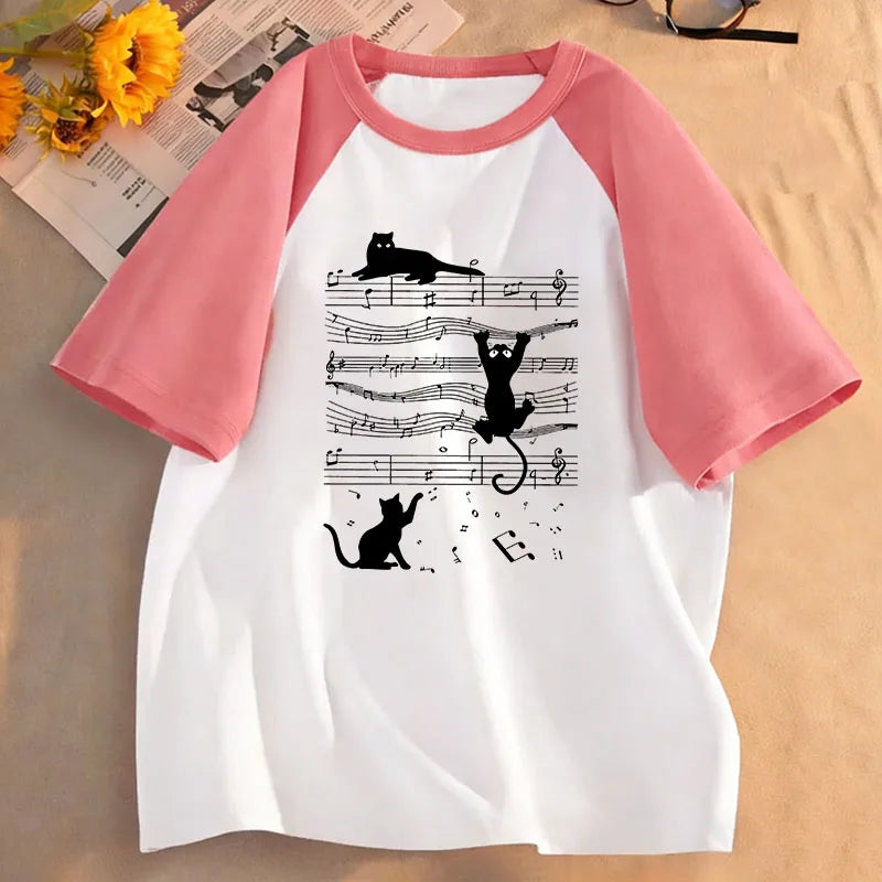 Kawaii Hot Sale Music Cat Design T Shirts Manga Kids Children's T-shirt Boys Girls Summer Spring Casual Top Tee