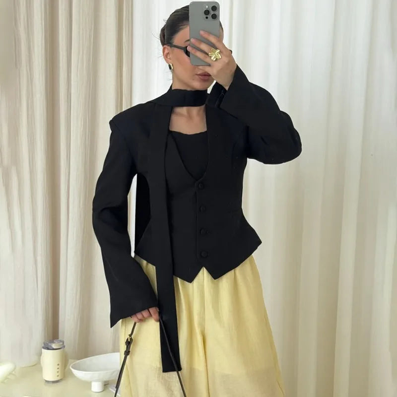 Talenza Female Fashion Blazer New Solid V-Neck Scarf Ribbon Long Sleeve Slim Blazer Elegant Luxury Chic Party Women Blazer Coats