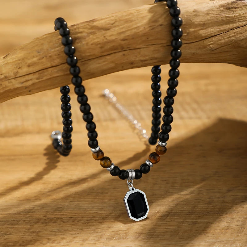 Black Beads with Square Pendant Necklace for Men Trendy Accessories on the Neck Collar 2025 Fashion Jewelry Male Gift Decoration