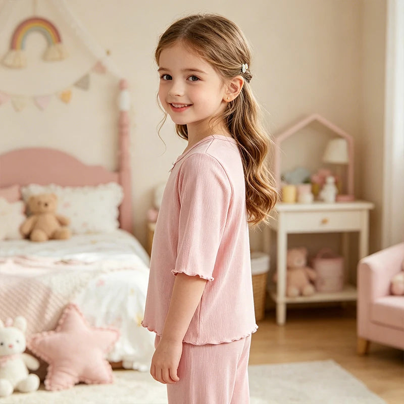Kids Girls Ice Silk Loungewear Set Sweet Ruffle Sleepwear Soft Breathable Summer Casual Home Pajamas 2 Piece Outfit