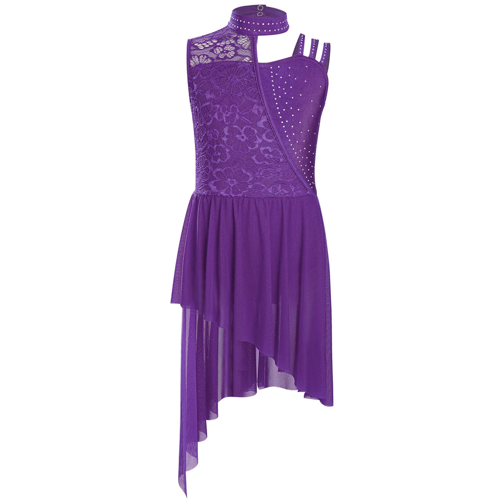 Kids Girls Ballet Lyrical Dance Dress Sleeveless Modern Contemporary Dancewear Floral Lace Rhinestones Gymnastics Leotard Dress