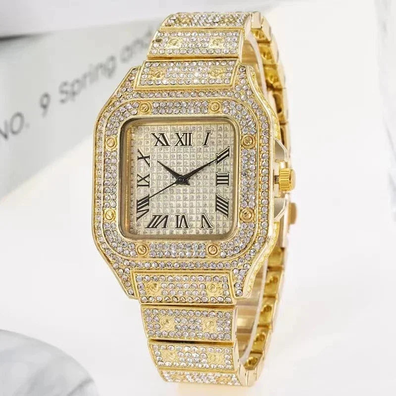 2pcs Set Luxury Diamond Men's Watches Business Stainless Steel Quartz Wristwatch Male Casual Silver Bracelet Wrist Watch