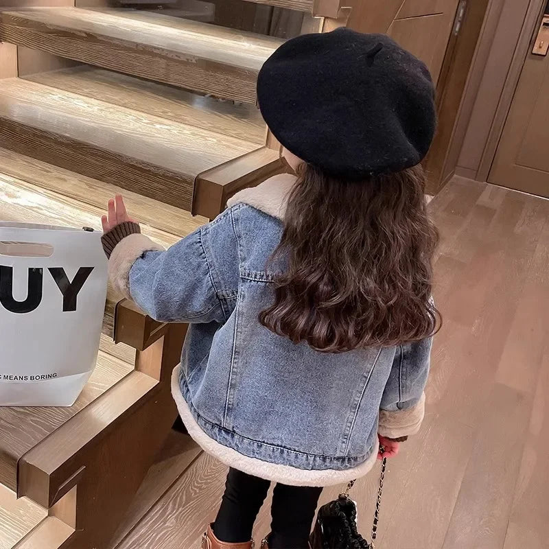 Girls Thick Denim Jackets Children's Plus Velvet Winter Warm Coats New Padded Outerwear Kids Fleece-lined Casual Clothing 4-12Y