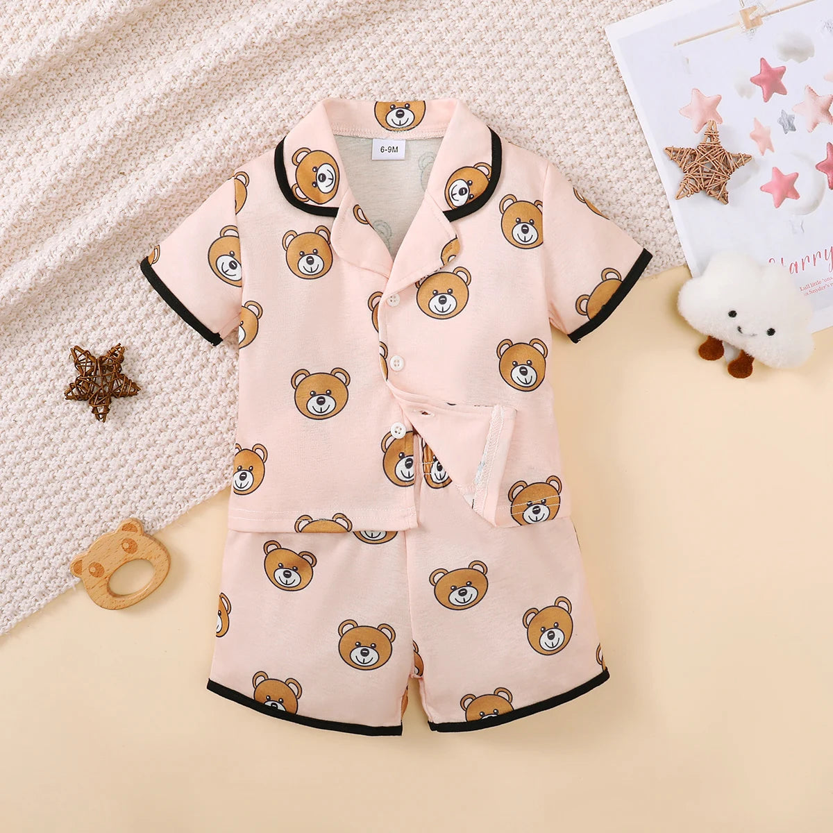 Children's Girls' Cartoon Pajamas Teddy Bear Strawberry print Short sleeved+Shorts 2Pcs/Set 0-3 Years old Cute Baby Girl Pajamas