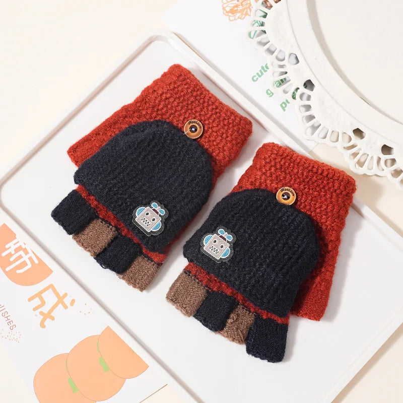 Children's Warm Gloves for Boys and Girls Cartoon Cute Half Finger Knitted Winter Flip Cover Baby Thick Cold Proof Five Fingers