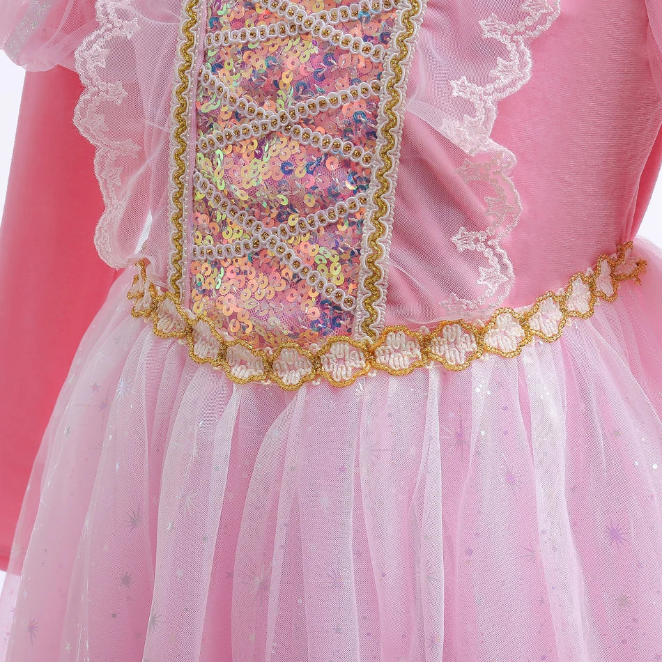 Girls Princess Pink Dress Children Rapunzel Pink Clothing Girls Spring Autumn and Winter Velvet Dress Kids Stage Performs Clothe