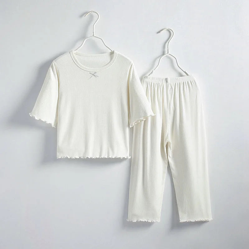 Kids Girls Ice Silk Loungewear Set Sweet Ruffle Sleepwear Soft Breathable Summer Casual Home Pajamas 2 Piece Outfit