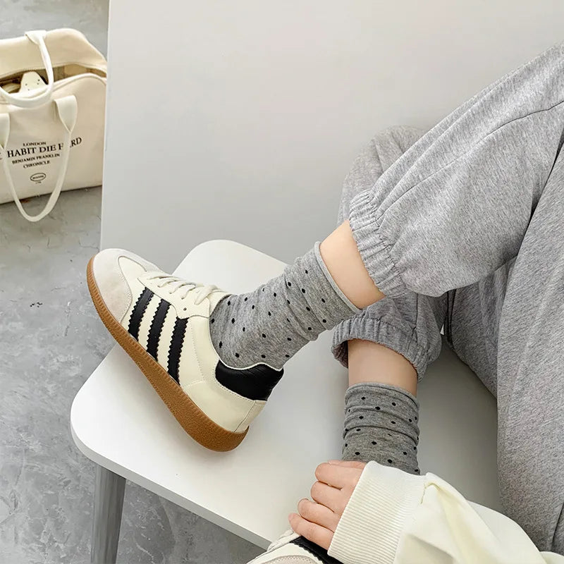 Women's spring summer thin vintage cream curled-edge women's socks polka dot mid-tube socks artistic socks women