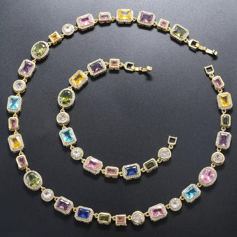 Colorful Mosaic Geometric Zircon Bracelet/Necklace Set Hip-Hop Retro Unisex Couple's 18K Gold-Plated Brass Jewelry:VL661 VL662