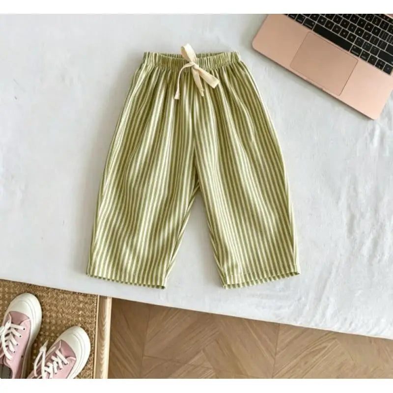 Kids Casual Loose Fit Pants Cotton Trousers With Striped Drawstring Design Multiple Color Choices Suitable For Boys And Girls
