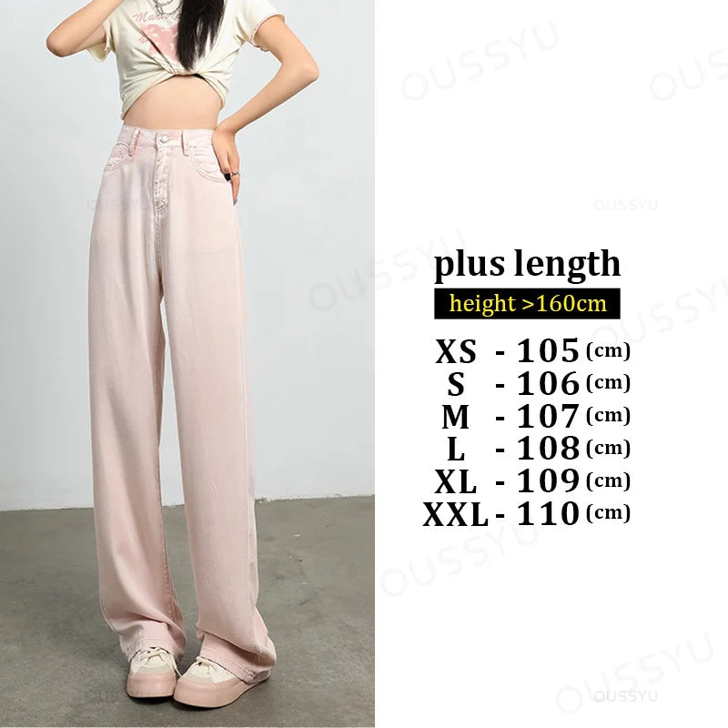 Summer Soft Lyocell Fabric Woman Jeans Loose Wide Leg Straight High Waisted Thin Pant Fashion Comfort Pink Casual Trousers