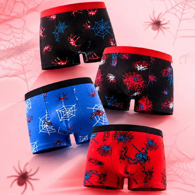 4-Piece Milk Silk Children Underwear Cool Spider Print Boys Trunks Elastic Waist Boys Boxer Shorts Comfortable Kids Boxer Briefs