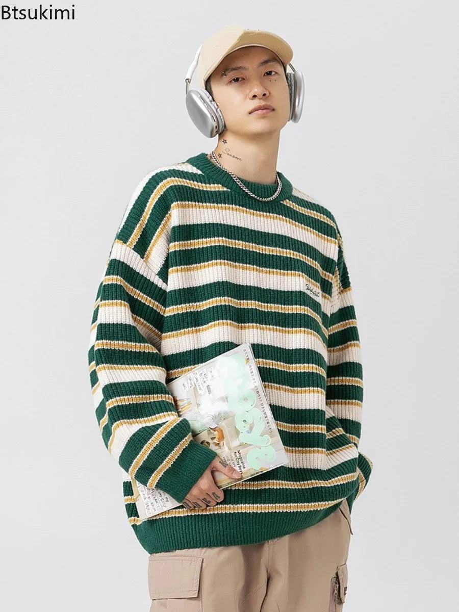 Vintage Striped Knitted Sweaters for Men Autumn Winter New Casual O-neck Embroidered Pullovers Street Style Couple Sweater Coats