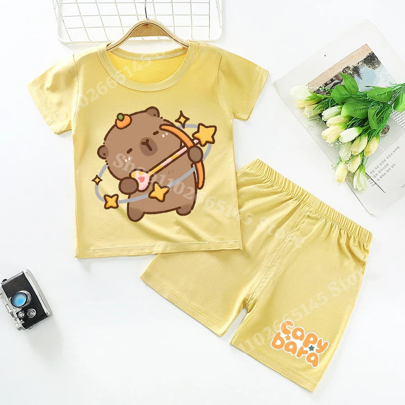 Capybara Kids Pajamas Shorts Set Summer New Capibara Home Clothes Boys Girls Anime Nightwear Pants Children Short Sleeve Gift