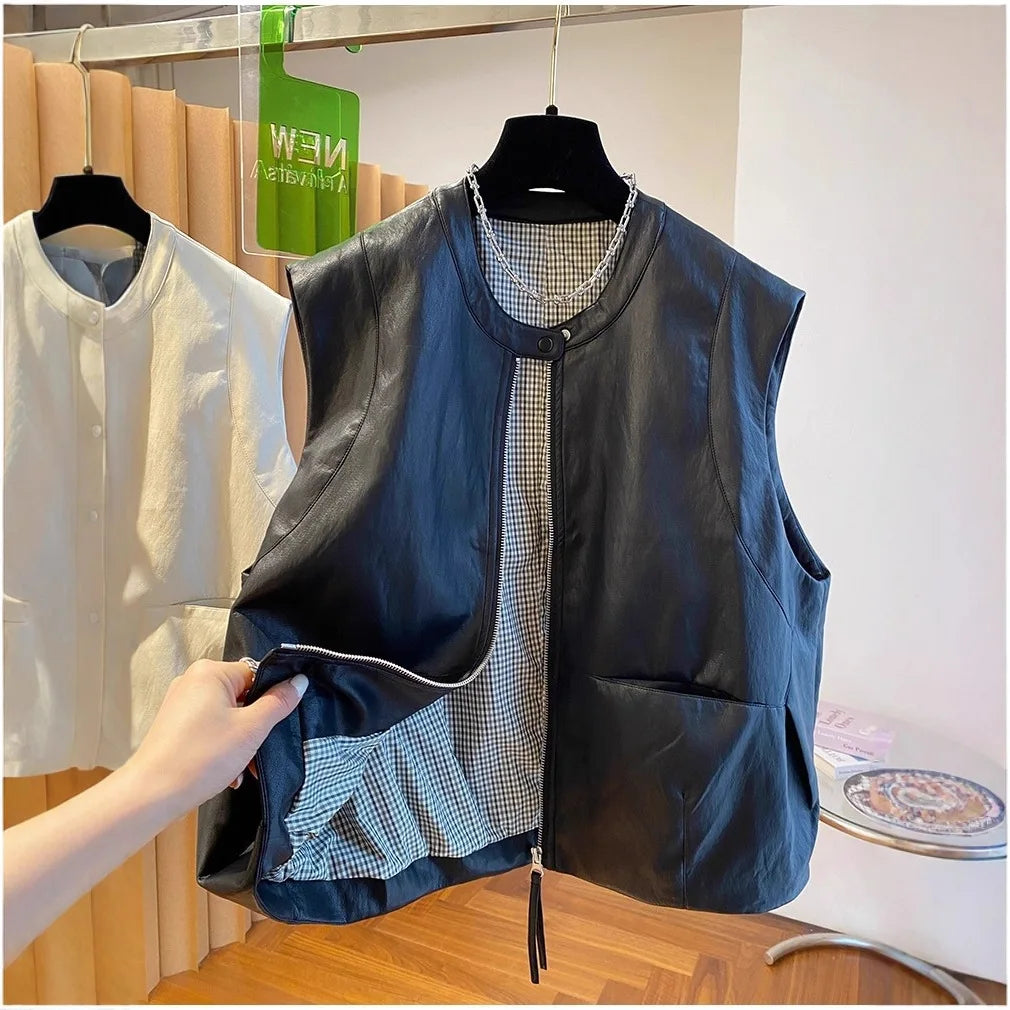 Pu Leather Vest Women's Spring And Autumn Loose Sleeveless Vests Waistcoat Tops Casual Women Coat