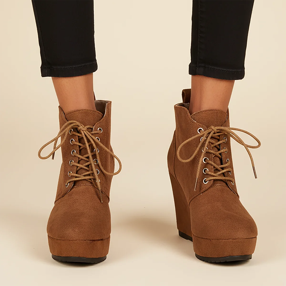 Women Platform Boots Autumn Winter New Round Toe Suede Shoes Lace-up Non-slip Wear-resistant High Heel Boots Zapatos De Mujer