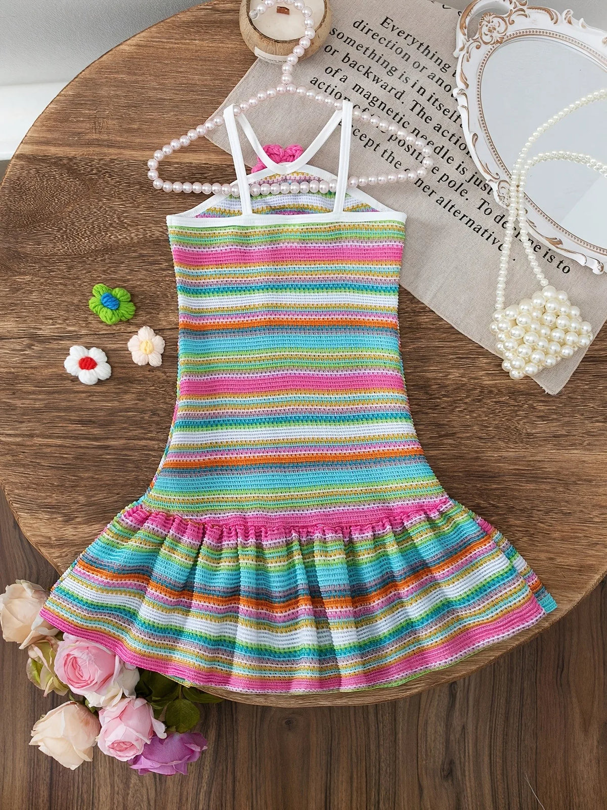 Kids Girls Colorful Striped Knit Mini Dress, 3D Flower Halter Sling Ruffle Hem Bodycon Summer Sundress