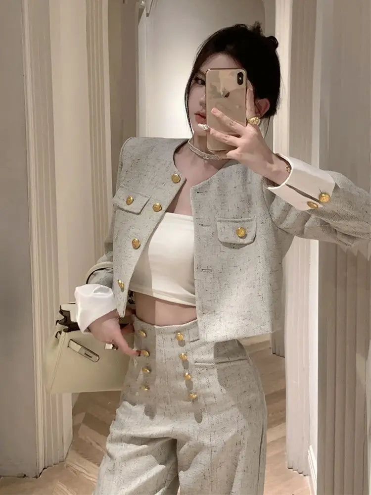 2025 Spring Autumn Women's Retro Casual Suit Jacket Wide Leg Pants Set Commuting Solid Round Neck Single Breasted Two-piece Sets