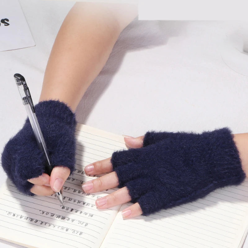 Fuzzy Gloves Women Winter Soft Warm Fashion Writing Gloves Office Typing Student Solid-Color Minimalist Ladies Half-Finger Glove