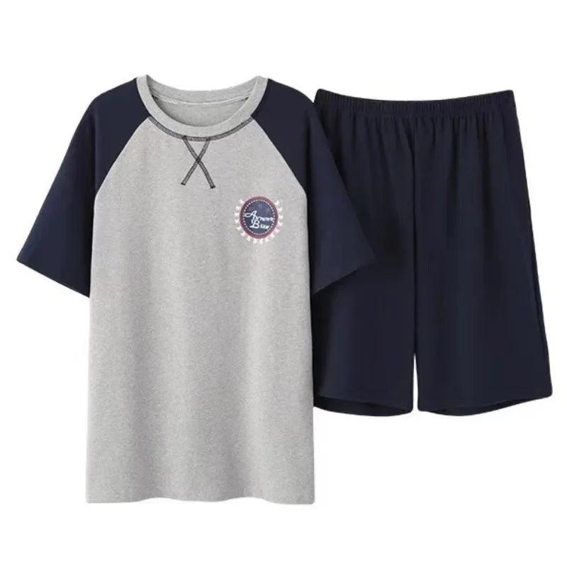 Men Pajama Set Cotton Short Sleeve Shorts Casual Striped Nightwear Loungewear Two-Piece Set Plus Size Summer Man Sleepwear
