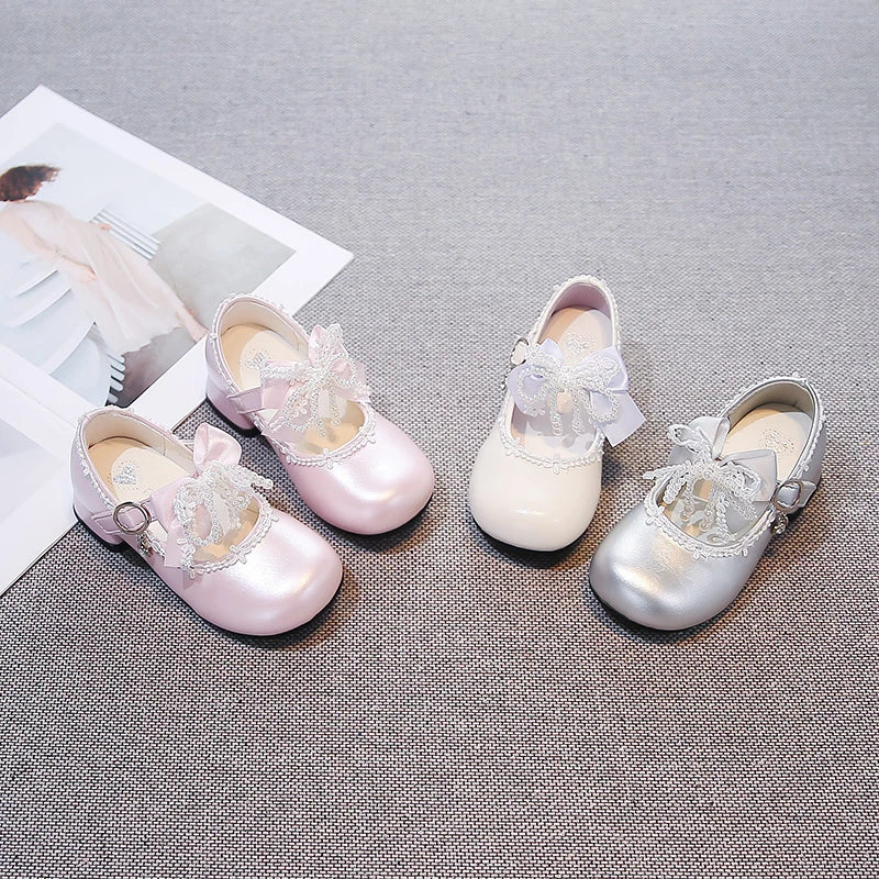 Girls Leather Shoes High Heels Kids Princess Shoes for Party Wedding 2026 Brand New Children Dance Shoes Sweet Beading Bows