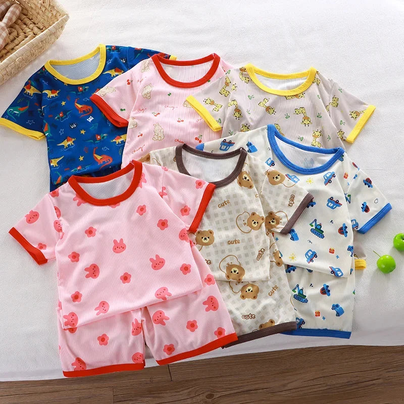 2024 New Boys Girls Summer Thin Clothing Sets Kids Cute Cartoon Print Short Sleeve T-Shirt Tops with Shorts Toddler Baby Pajamas