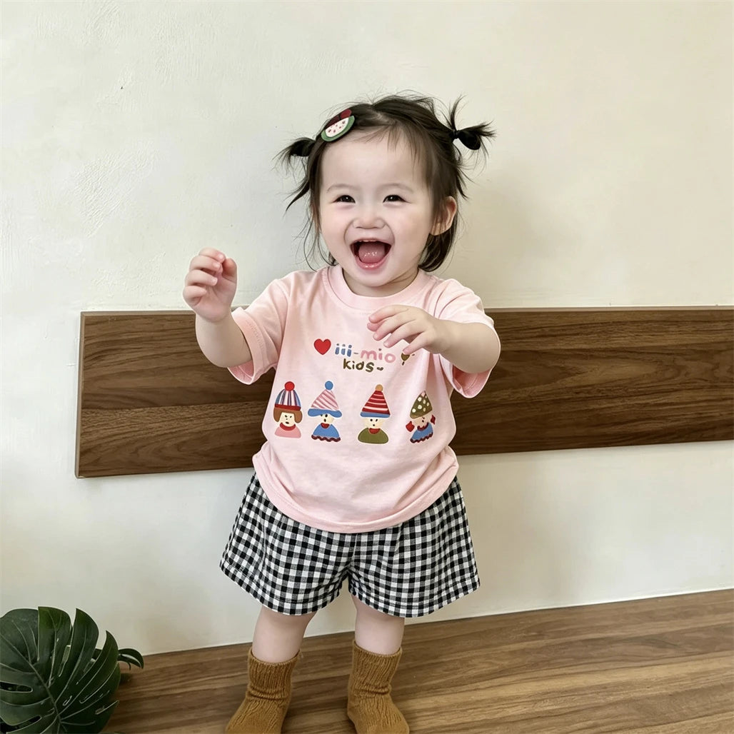 Pink Tshirts Black Shorts 2pcs Girls Printed T-shirt Versatile Shorts Lovely Tees Plaid Shorts Toddler New 2026 Summer Clothes