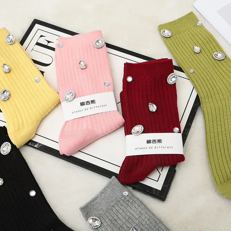 Women's Socks Korean Retro Cool Sweet Rhinestone Simple Versatile Shiny Comfortable High-quality Cotton Socks For Girl Wholesale