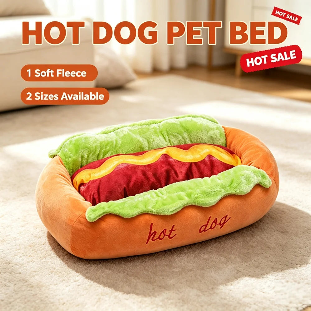 Cute Hot Dog Pet Bed Soft Fleece Sleeping Cushion Raised Edge Warm Cozy Indoor Bed for Small Dogs Puppies and Cats