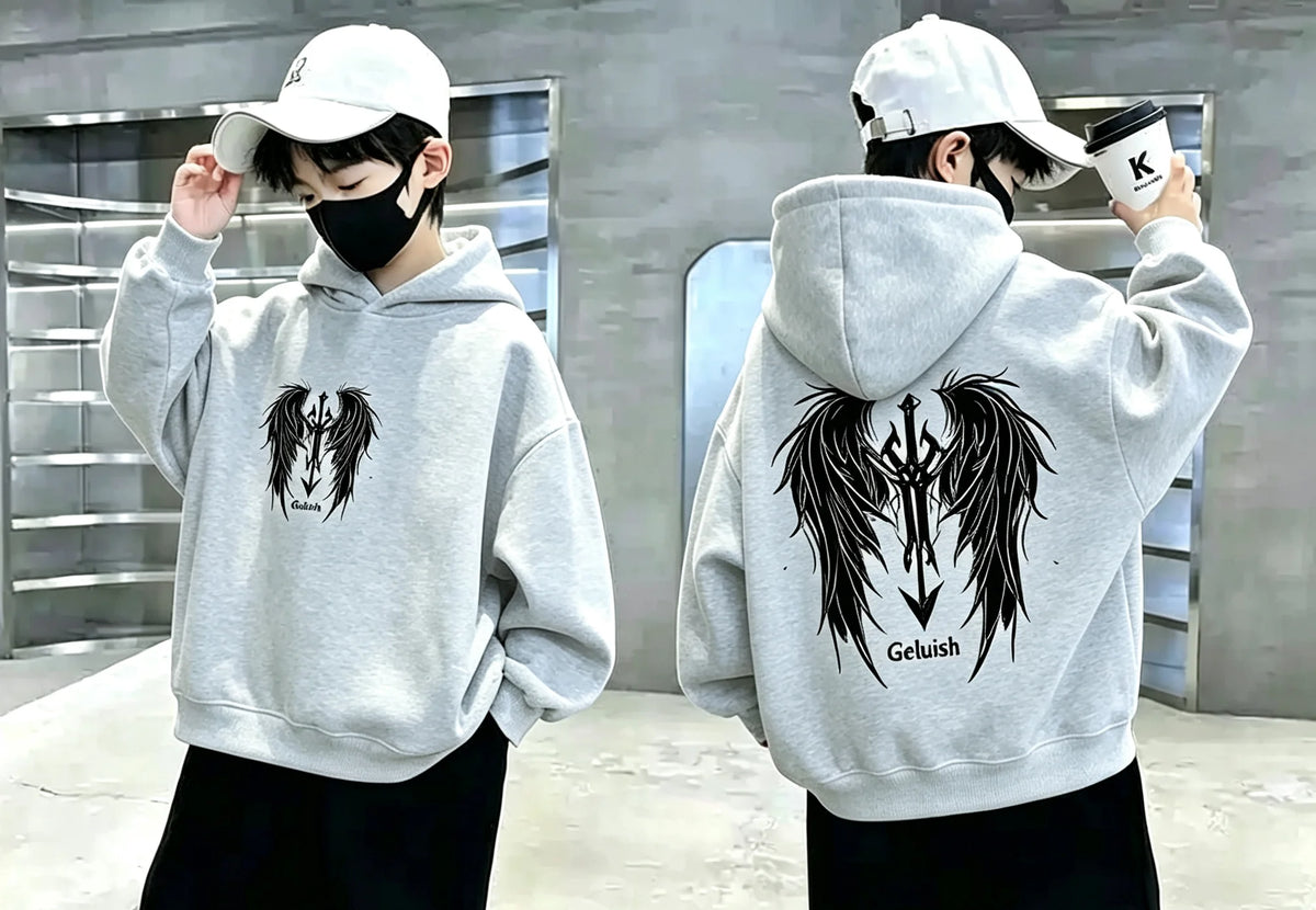 Boys Hoodie Streetwear Angel Wings Trident Print Kids Loose Hooded Sweatshirt Casual Teen Pullover