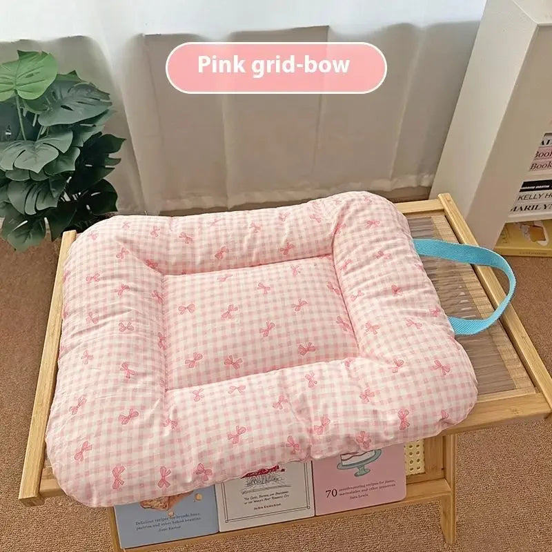 Cute Soft Checkered Bow Pet Bed Universal Four Season Usage Dog and Cat Cotton Mattress Furniture and Accessories for Pets.