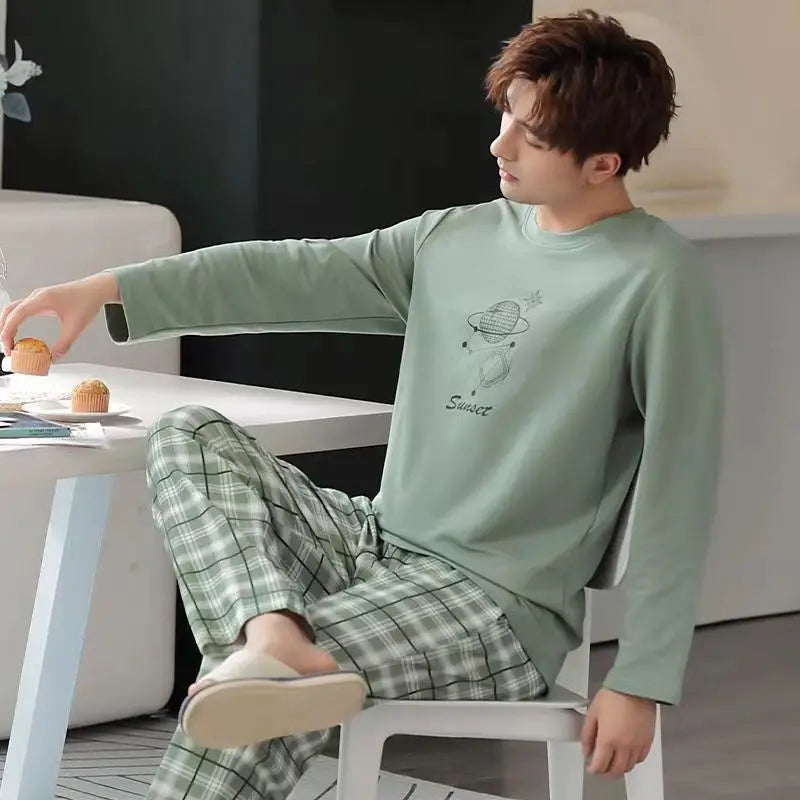 New Men's Spring And Autumn Striped Leisure Pajamas Sets Boys Long-Sleeved Home Wear Teenagers Outside The Home Wear Suit
