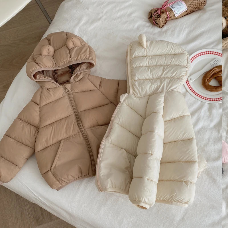 Kids Baby Lightweight Short Down Cotton Jacket Boys Girls Solid Loose Hooded Zipper Coats Autumn Winter Cotton-padded Outerwear
