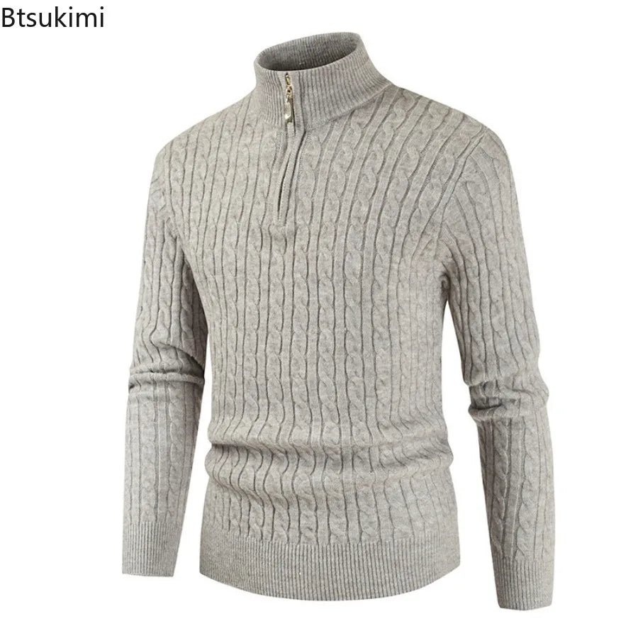 New Men's Warm Knitted Sweaters Standing Neck Zipper Autumn Winter Warm Tops Solid Color Jacquard Long Sleeve Pullovers for Men