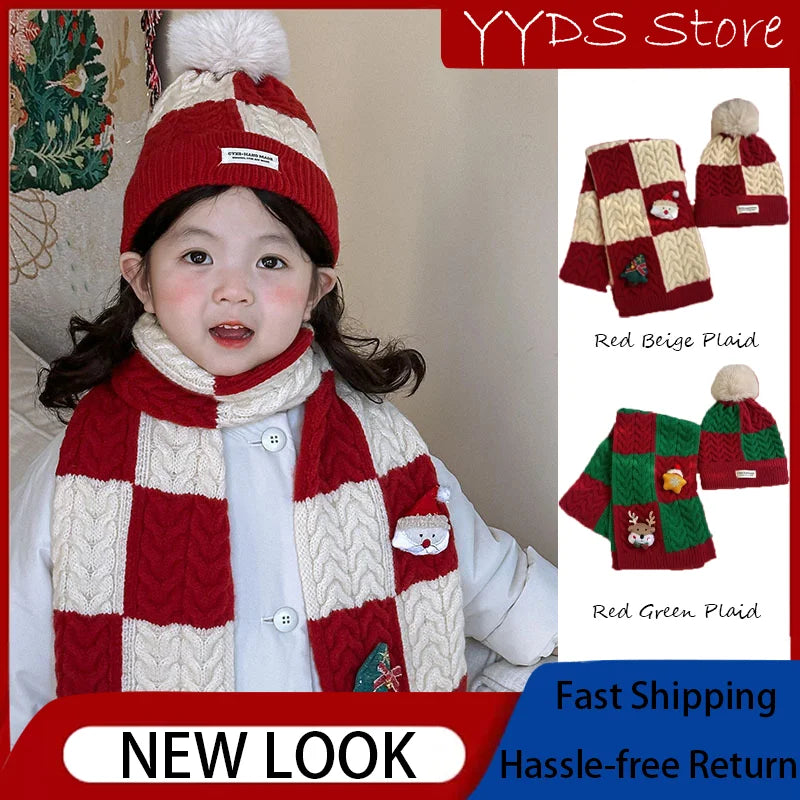 Kids' Christmas Knitted Wool 2in1 Scarf & Beanie Set - Winter Warm, Festive Decor, Unisex