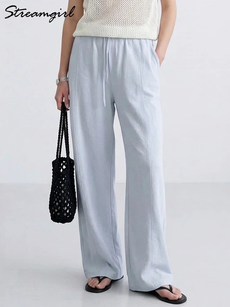 Cotton Summer Pants For Women Wide Leg Blue Trousers With Elastic Band Straight Leg Bottoms White Women's Pants Summer Loose