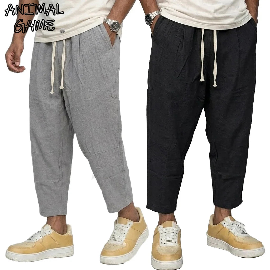 Men's Trousers Cotton Baggy Pants Casual Linen Pants Solid Color Breathable Loose Shorts Straight Drawstring Pants Gym Men Work