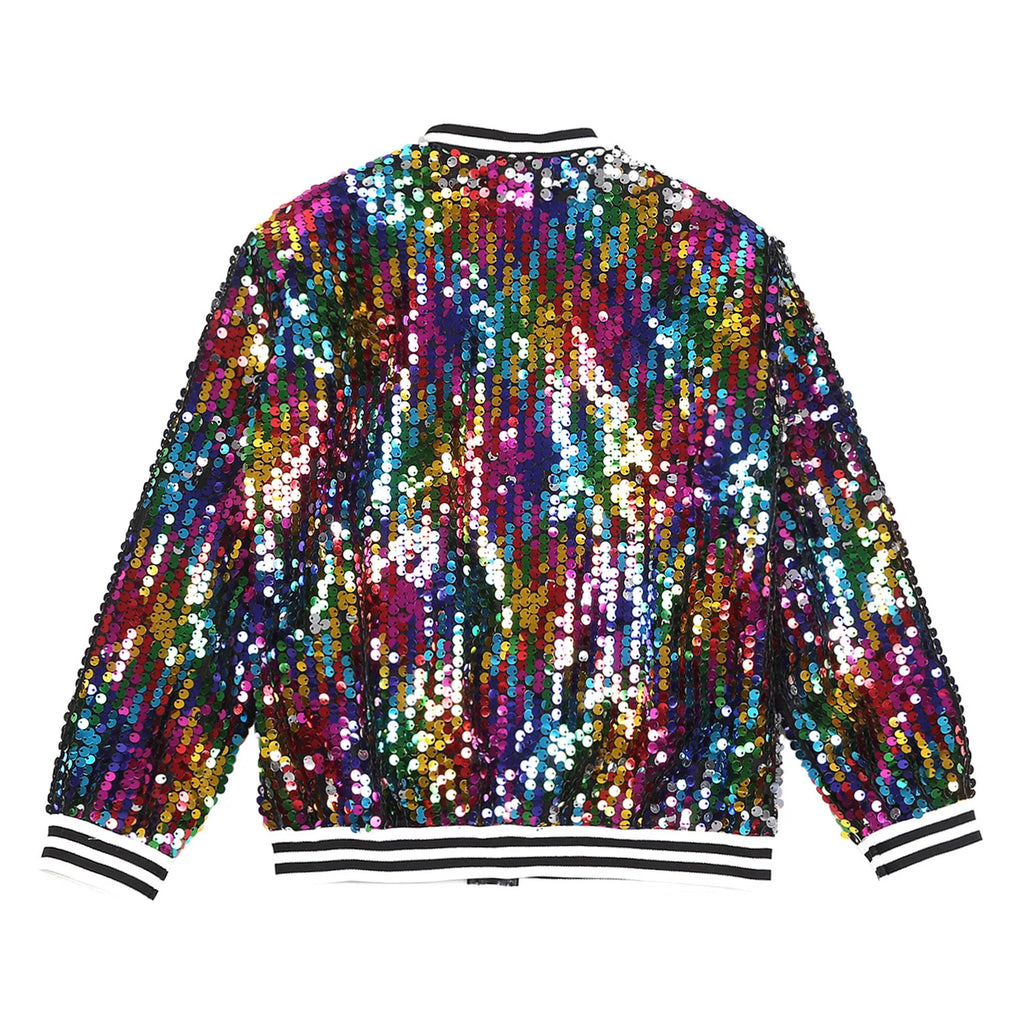 Kids Girls Long Sleeve Fashion Sequin Baseball Jacket Bomber Coat Hip Hop Jazz Street Dance Cheerleading Performance Dancewear