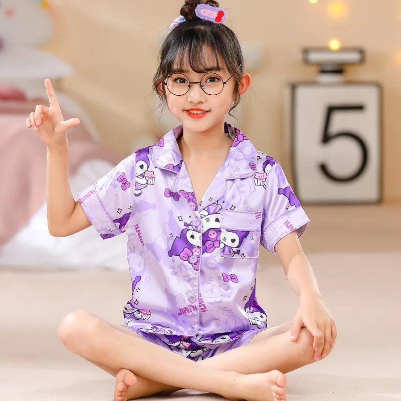 Pajama Girl Ice Silk Short Sleeve Cardigan Sweet Cute Cartoon Sleepwear Pyjamas Robe Children's Clothing Mother Kids