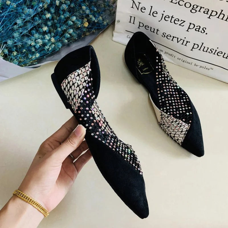 Women's Walking Sneakers, Lightweight Breathable Open Back Flats, Rhinestone Mesh Pointed Toe Dress Shoes for Party & Banquet