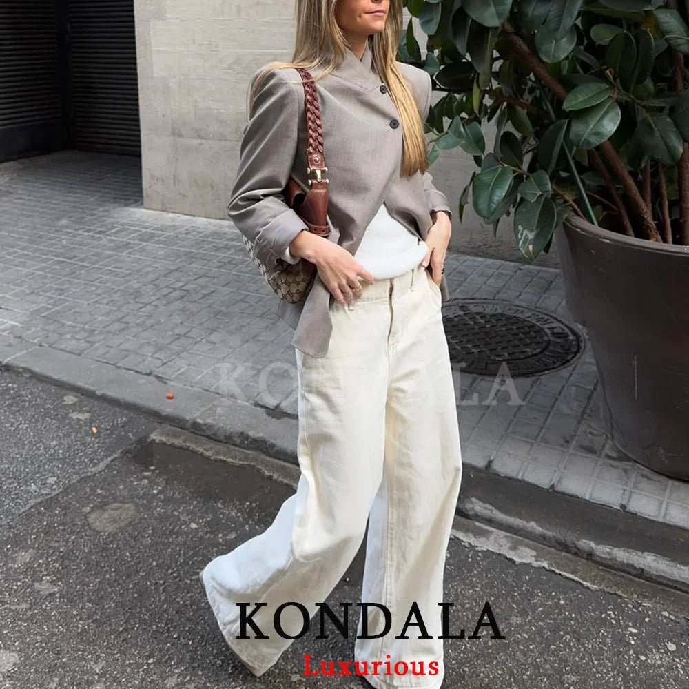KONDALA Vintage Office Lady Gray Solid Blazer Stand Collar Long Sleeve Loose Blazer Fashion 2026 Spring Summer Casual Blazer