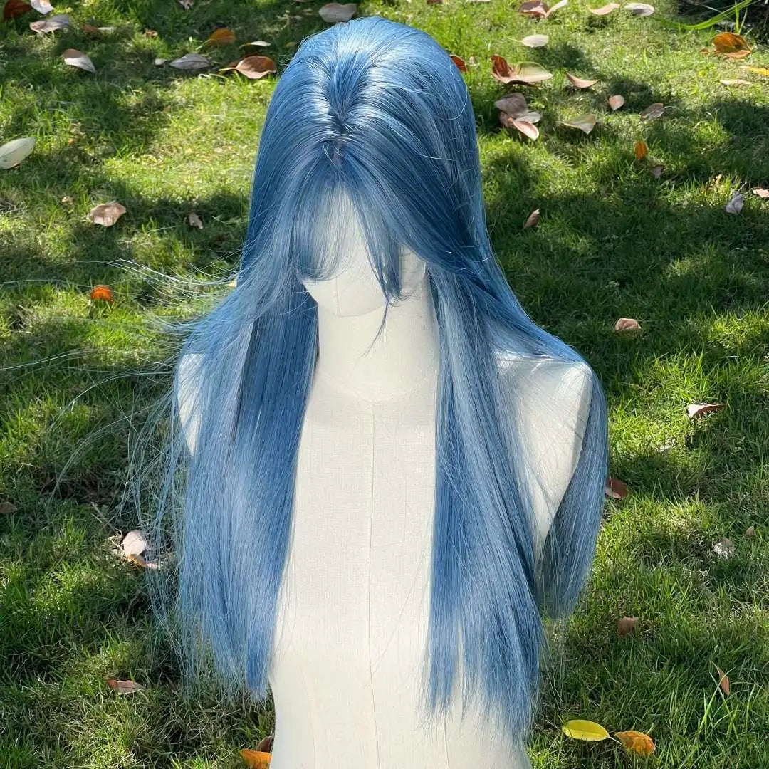 Long Straight Blue Grey Wig For Women Air Bangs Synthetic Hair Wig Natural Cool Tone Full Head Wig Daily Cosplay