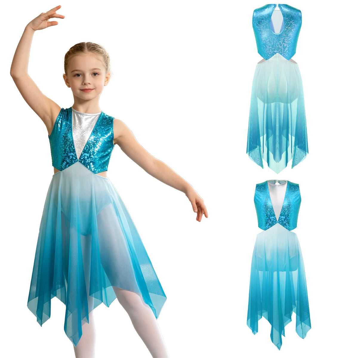 Kids Girls Modern Lyrical Dance Dress Liturgical Worship Praise Church Choir Robe Shiny Sequins Bodice Sheer Mesh Tunic Dresses