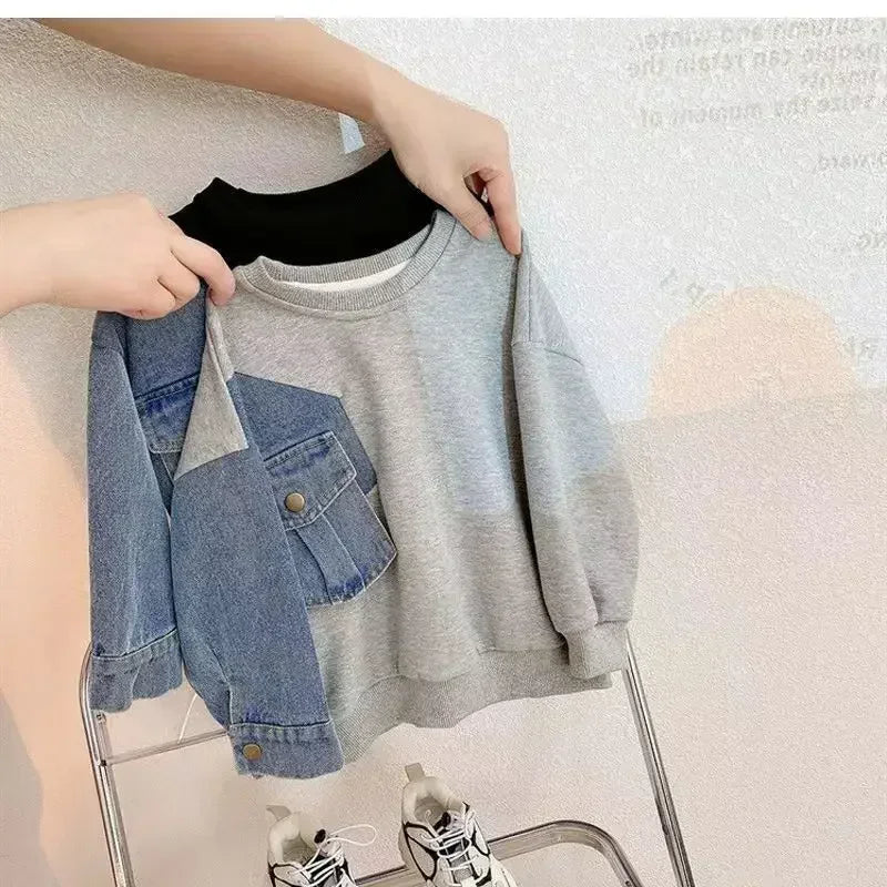 Boys Denim Sweatshirt Kids Stitching Sleeved Loose Sweater Casual Hoodies 2025 Spring Autumn Children's Street Style Clothing