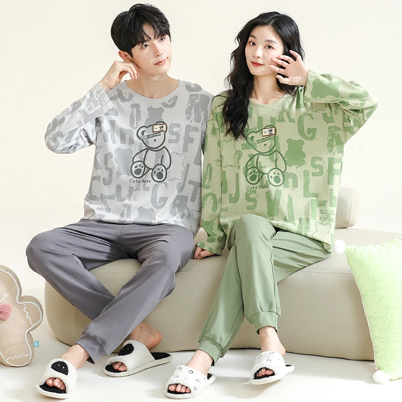 Cartoon Cute Pajamas Set For Women Men Cotton Couples Homewear Autumn Spring Long Sleep Tops Pant Nightwear Mujer hombre
