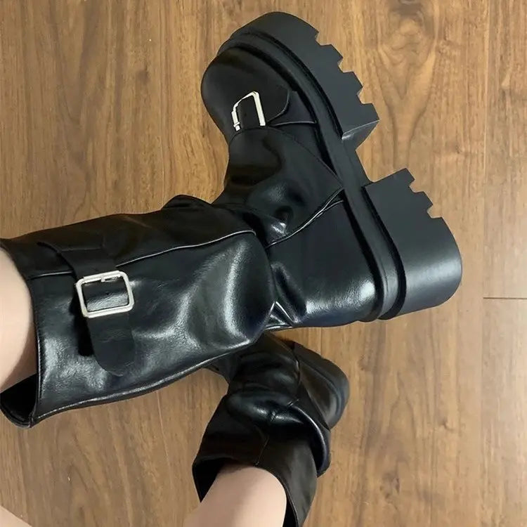 Shoes for Women Mid-Calf Women's Boots Platform Modern Boots Women Belt Buckle Square Toe Side Zip Square Heel Shoes Female